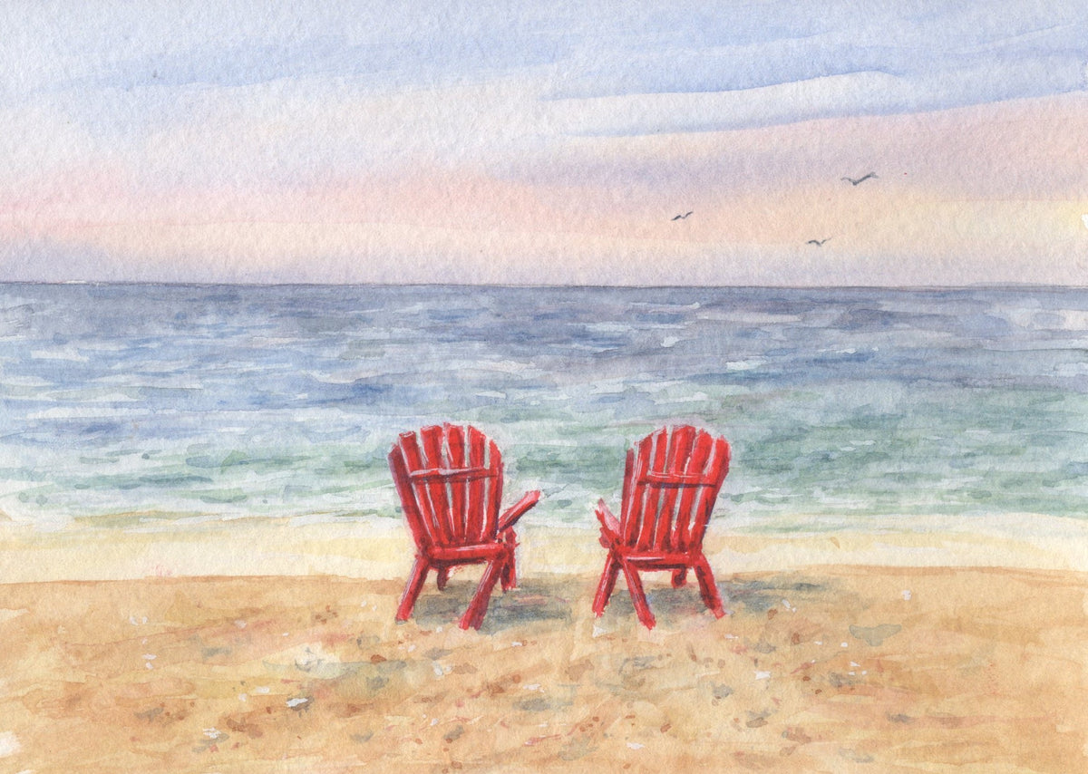 Red Adirondack Chairs at Sunset, image size:1200x854