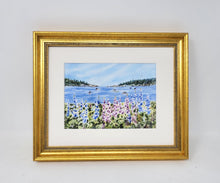 Load image into Gallery viewer, Maine Harbor and Lupine watercolor giclee print or original Maine watercolor print lupine art print Maine painting art print framed lupine painting
