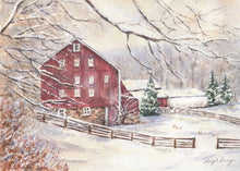 Load image into Gallery viewer, First Snow, Red Barn Notecards, Winter Snow scene, thank you notes, greeting cards, winter barn landscape watercolor notecards, snow landscape card
