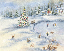 Load image into Gallery viewer, Winter Skating Notecards, Winter Snow scene, Ice Skating thank you notes, greeting cards, landscape watercolor notecards, snow painting art
