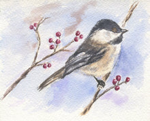 Load image into Gallery viewer, Black capped chickadee: bird painting bird watercolor chickadee painting bird art giclee print archival print bird painting snow painting - Leigh Barry Watercolors
