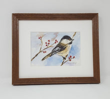 Load image into Gallery viewer, Black capped chickadee: bird painting bird watercolor chickadee painting bird art giclee print archival print bird painting snow painting - Leigh Barry Watercolors