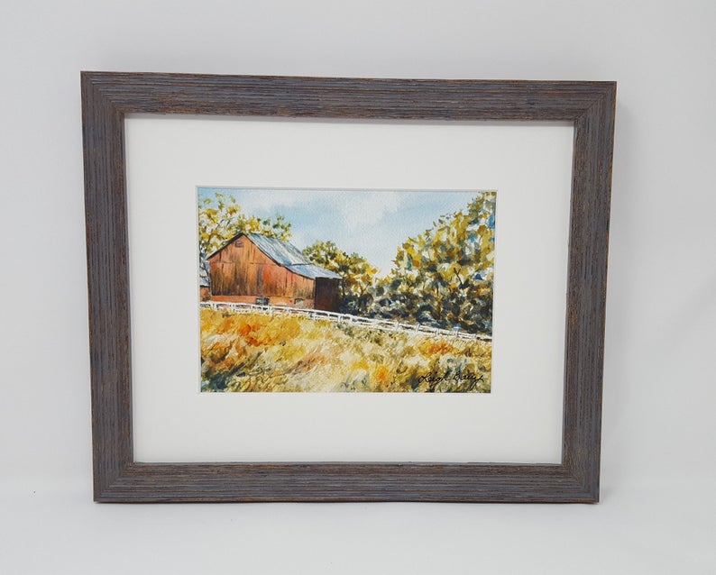 Fallston: Red barn painting watercolor painting country scene