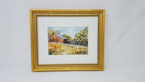 Fallston: Red barn painting watercolor painting country scene framed art autumn print landscape wall decor barn print Leigh Barry Watercolors - Leigh Barry Watercolors
