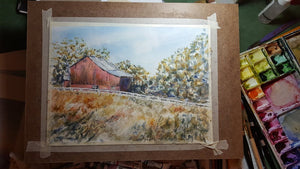 Fallston: Red barn painting watercolor painting country scene framed art autumn print landscape wall decor barn print Leigh Barry Watercolors - Leigh Barry Watercolors