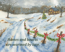 Load image into Gallery viewer, Homes And Hearts: Christmas Art Print Christmas Wall Art Christmas Decor Winter Art Painting Snowy night Inspirational saying framed print - Leigh Barry Watercolors