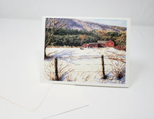 Load image into Gallery viewer, Vermont Farm Barn Notecards New England Winter Snow scene thank you notes greeting cards mountain landscape watercolor notecards rural - Leigh Barry Watercolors