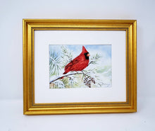 Load image into Gallery viewer, Red Cardinal watercolor painting red cardinal print framed art print Christmas art snow painting framed wall print red bird print bird art - Leigh Barry Watercolors
