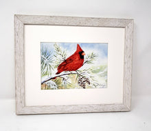 Load image into Gallery viewer, Red Cardinal watercolor painting red cardinal print framed art print Christmas art snow painting framed wall print red bird print bird art - Leigh Barry Watercolors