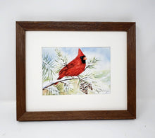 Load image into Gallery viewer, Red Cardinal watercolor painting red cardinal print framed art print Christmas art snow painting framed wall print red bird print bird art - Leigh Barry Watercolors