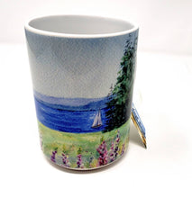 Load image into Gallery viewer, Lupine And The Sea Coffee Mugs Lupine Mug Latte mug Camp Mug Maine gift Maine art lupine art lupine painting seaside painting ocean art - Leigh Barry Watercolors