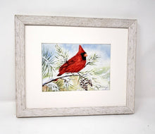 Load image into Gallery viewer, Red Cardinal watercolor painting red cardinal print framed art print Christmas art snow painting framed wall print red bird print bird art - Leigh Barry Watercolors