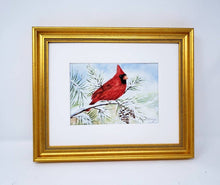 Load image into Gallery viewer, Red Cardinal watercolor painting red cardinal print framed art print Christmas art snow painting framed wall print red bird print bird art - Leigh Barry Watercolors