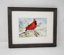 Load image into Gallery viewer, Red Cardinal watercolor painting red cardinal print framed art print Christmas art snow painting framed wall print red bird print bird art - Leigh Barry Watercolors