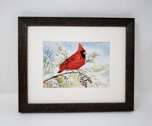 Load image into Gallery viewer, Red Cardinal watercolor painting red cardinal print framed art print Christmas art snow painting framed wall print red bird print bird art - Leigh Barry Watercolors