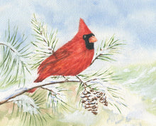 Load image into Gallery viewer, Red Cardinal watercolor painting red cardinal print framed art print Christmas art snow painting framed wall print red bird print bird art - Leigh Barry Watercolors