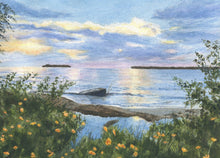 Load image into Gallery viewer, Summer Sunset painting watercolor lake sunset print framed Michigan landscape painting print Leigh Barry Watercolors sunset print framed - Leigh Barry Watercolors