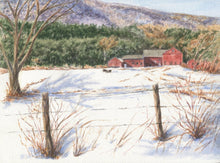 Load image into Gallery viewer, Vermont Farm barn painting New England winter snow scene painting Leigh Barry Watercolors Vermont art print mountain landscape painting - Leigh Barry Watercolors