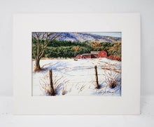 Load image into Gallery viewer, Vermont Farm barn painting New England winter snow scene painting Leigh Barry Watercolors Vermont art print mountain landscape painting - Leigh Barry Watercolors