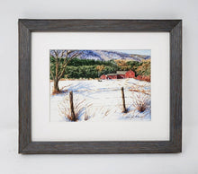Load image into Gallery viewer, Vermont Farm barn painting New England winter snow scene painting Leigh Barry Watercolors Vermont art print mountain landscape painting - Leigh Barry Watercolors