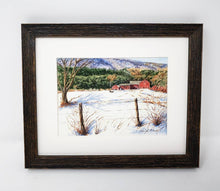Load image into Gallery viewer, Vermont Farm barn painting New England winter snow scene painting Leigh Barry Watercolors Vermont art print mountain landscape painting - Leigh Barry Watercolors