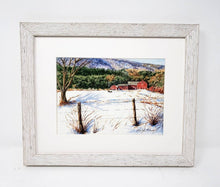 Load image into Gallery viewer, Vermont Farm barn painting New England winter snow scene painting Leigh Barry Watercolors Vermont art print mountain landscape painting - Leigh Barry Watercolors
