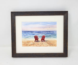 Red Adirondack Chairs At Sunset, Beach Painting, Ocean Art, Sunset beach watercolor print,Leigh Barry Watercolors seashore print framed art  painting