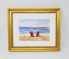Load image into Gallery viewer, Red Adirondack Chairs At Sunset, Beach Painting, Ocean Art, Sunset beach watercolor print,Leigh Barry Watercolors seashore print framed art  painting
