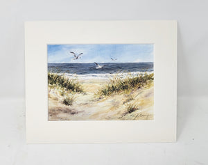 On The Wind  Beach Dune Painting Print or Original, Ocean Painting. Seagull beach watercolor print Leigh Barry Watercolors bicycle print seashore print framed art bike painting