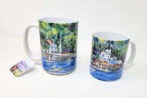Boothbay Harbor coffee mugs, Boothbay Harbor gift, Boothbay Harbor Maine art, Maine lupine painting mugs, Maine mugs art