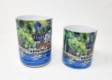 Load image into Gallery viewer, Boothbay Harbor coffee mugs, Boothbay Harbor gift, Boothbay Harbor Maine art, Maine lupine painting mugs, Maine mugs art
