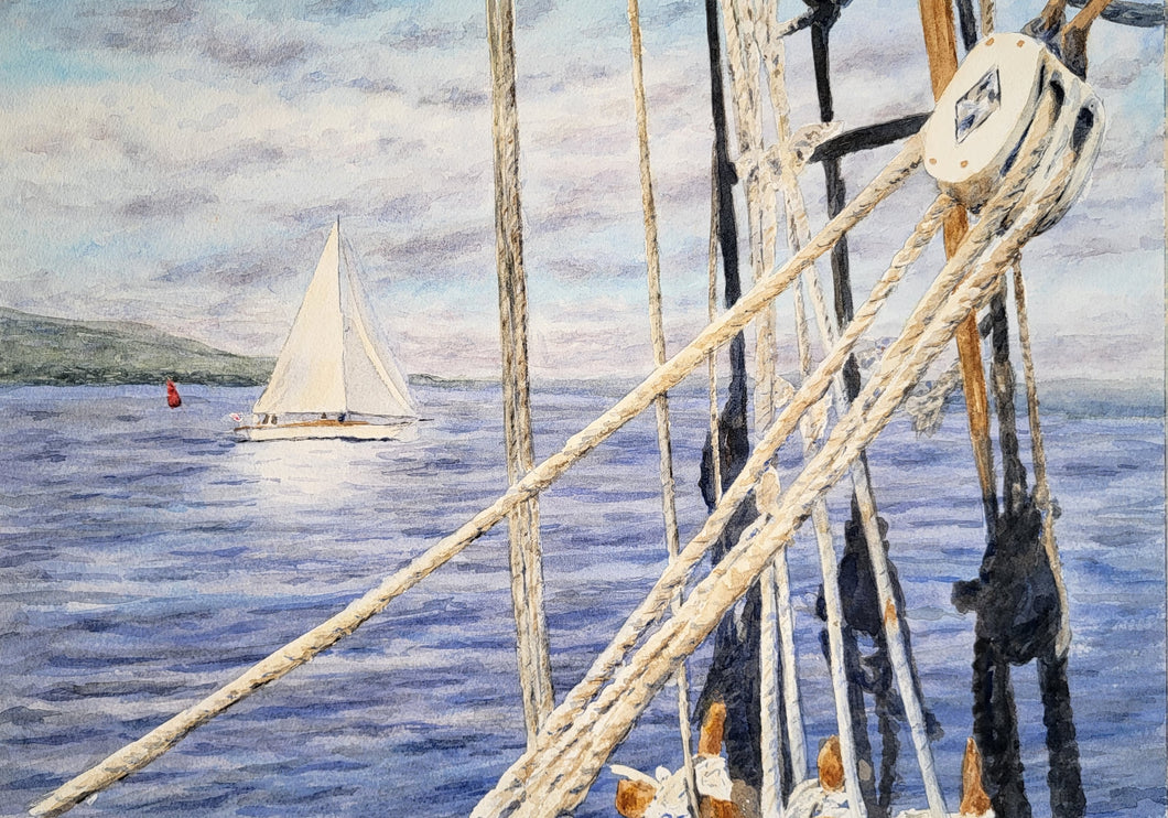 Schooner Sailing In Maine, Sailboat Rigging Art, Sailing Watercolor Print or Original Painting