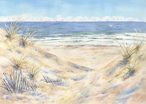 "Beach Dunes" Beach Painting, Ocean Painting, dunes and beach watercolor print,Leigh Barry Watercolors seashore print framed art