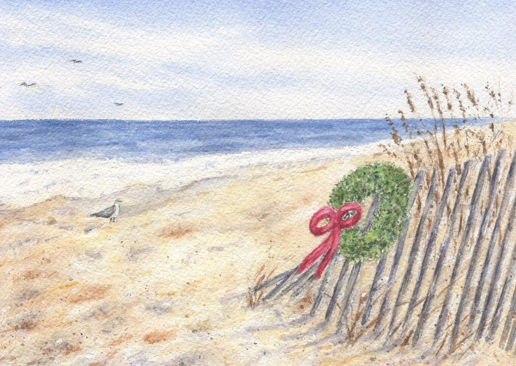 Christmas At the Shore watercolor painting print, Christmas Beach painting, Christmas painting, Coastal Christmas Art painting framed watercolor painting winter art frame