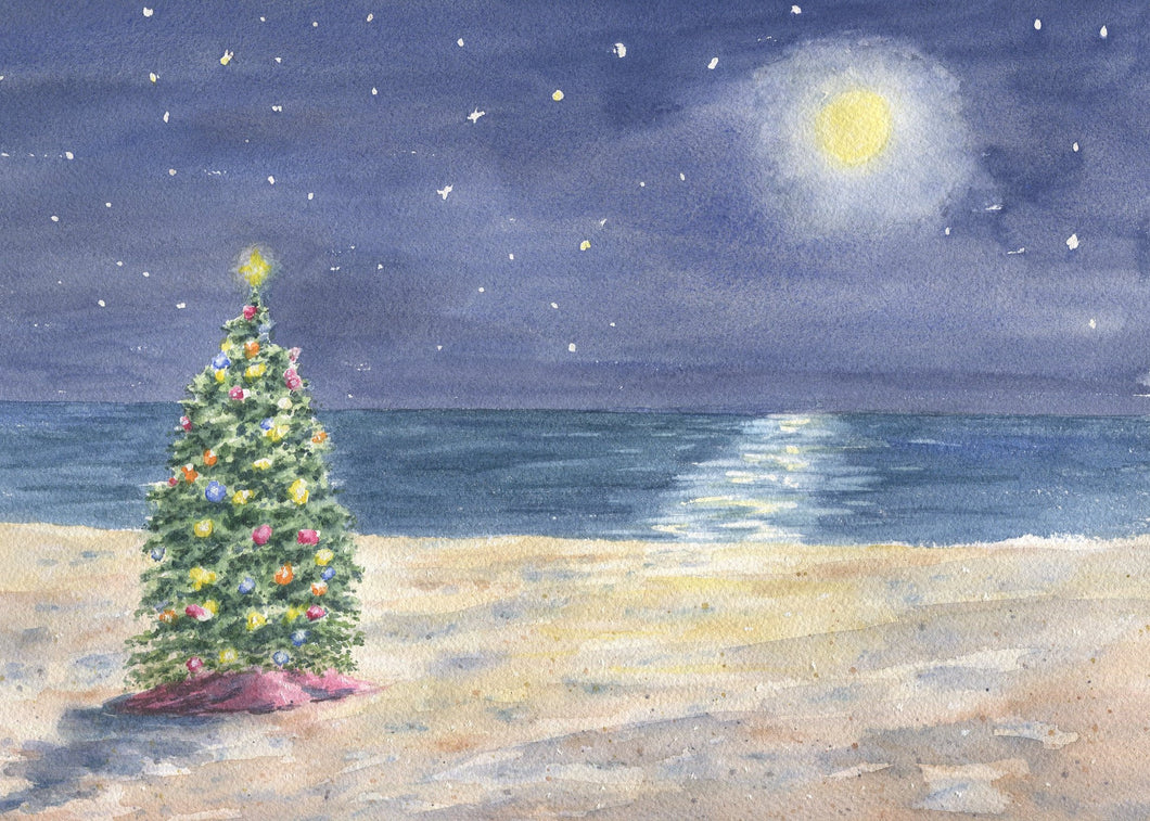 Christmas On The Beach watercolor painting print, Christmas Beach painting, Christmas painting, Coastal Christmas Art painting framed watercolor painting winter art frame