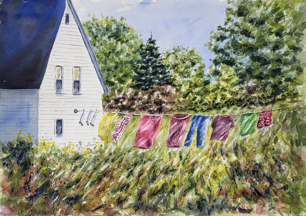 Clothesline watercolor print or original painting, Laundry hanging art print Leigh Barry Watercolors clothesline print laundry on clothesline print framed art bike painting