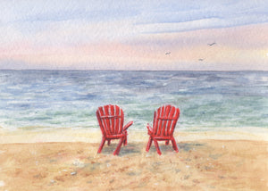 Red Adirondack Chairs At Sunset, Beach Painting, Ocean Art, Sunset beach watercolor print,Leigh Barry Watercolors seashore print framed art  painting