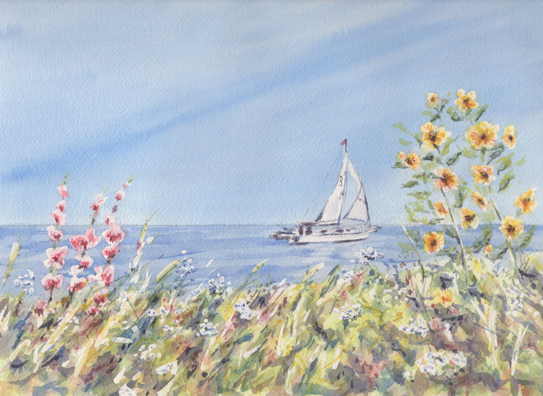 Sailing 2: Seaside Painting Giclee Print or Original,beach decor, framed coastal art, cape cod art framed floral watercolor ocean watercolor