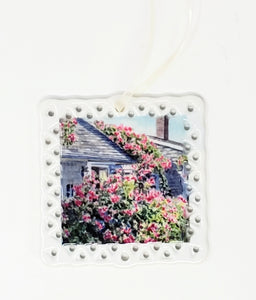 Rose Covered Cottage Nantucket Christmas Ornament, Nantucket Ceramic Ornaments Cape Cod gift Christmas gift for dad small gift for mom - Leigh Barry Watercolors