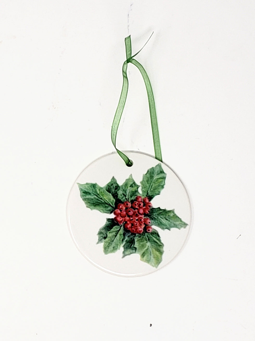 Holly Christmas Ornament, Porcelain Christmas Ornaments, small Christmas gift,  small gift for mom, stocking stuffer, holly art - Leigh Barry Watercolors