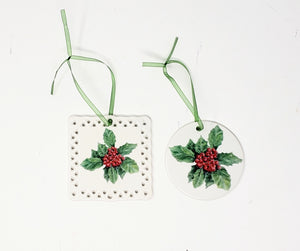 Holly Christmas Ornament, Porcelain Christmas Ornaments, small Christmas gift,  small gift for mom, stocking stuffer, holly art - Leigh Barry Watercolors
