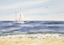 Load image into Gallery viewer, Smooth Sailing Watercolor Prints or Original Painting, Sailboat Painting, Beach Decor, Seashore Art
