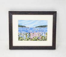 Load image into Gallery viewer, Maine Harbor and Lupine watercolor giclee print or original Maine watercolor print lupine art print Maine painting art print framed lupine painting
