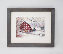 Load image into Gallery viewer, First Snow: Red Barn In Snow, snow scene painting, winter landscape, winter landscape watercolor print, framed barn art, Barn original art
