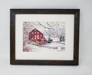 First Snow: Red Barn In Snow, snow scene painting, winter landscape, winter landscape watercolor print, framed barn art, Barn original art