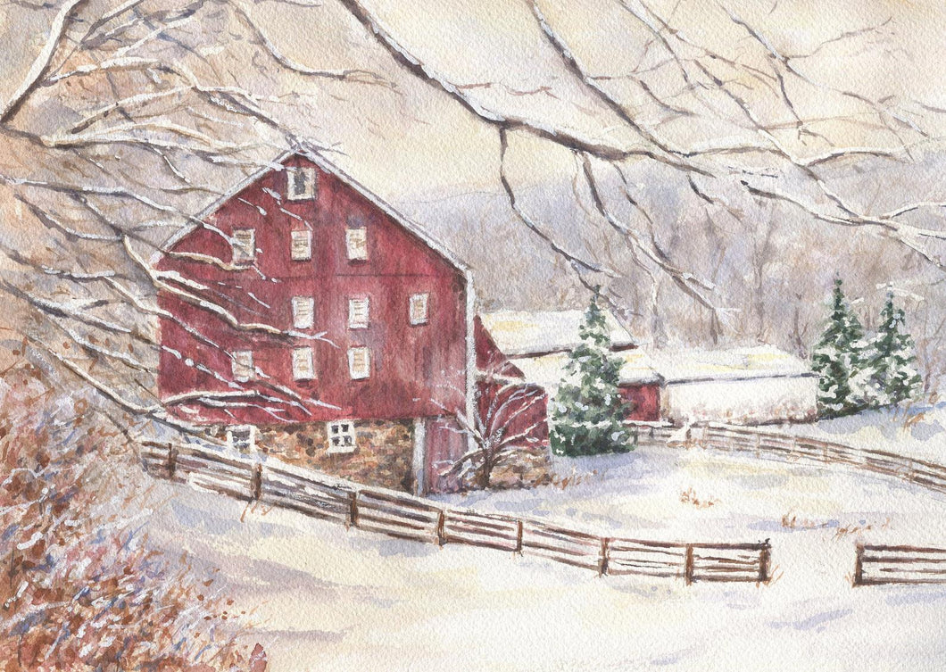 First Snow: Red Barn In Snow, snow scene painting, winter landscape, winter landscape watercolor print, framed barn art, Barn original art