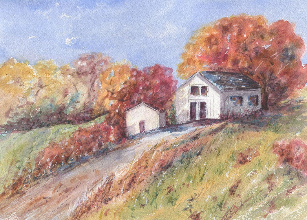 Autumn Barn: Autumn Art Print, Watercolor painting original or giclee print, Landscape painting, print, farmhouse decor, framed art print