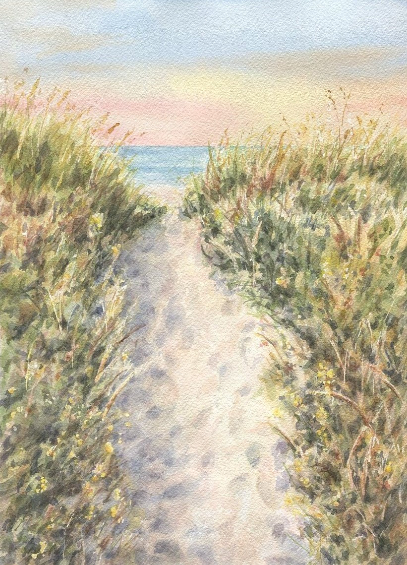 Beach Path At Sunrise Watercolor Painting, Beach Path Painting, BeachDecor, Ocean painting gift idea beach print ocean print Leigh Barry framed art wall decor summer art