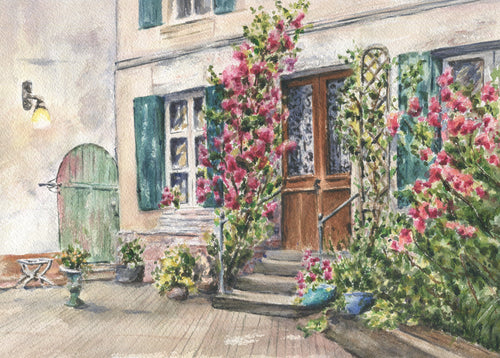 French Courtyard, Watercolor Painting Print or Original, France landscape, French watercolor Leigh Barry Watercolors - Leigh Barry Watercolors