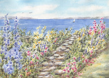 Load image into Gallery viewer, Seaside Garden Path Watercolor Painting Prints or Original Painting, Coastal  Art, Watercolor flowers, watercolor garden print, Cape Cod, beach decor
